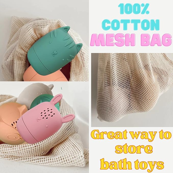 Bumble Bear Mold Free Silicone Bath Toys, Baby Bath Toys 6-12 Months, Toddlers 1-3, Non Toxic Infant Bathtub Toy, Water Toys, Pool Toy, Dishwasher Safe (Coral with Mesh Bag)