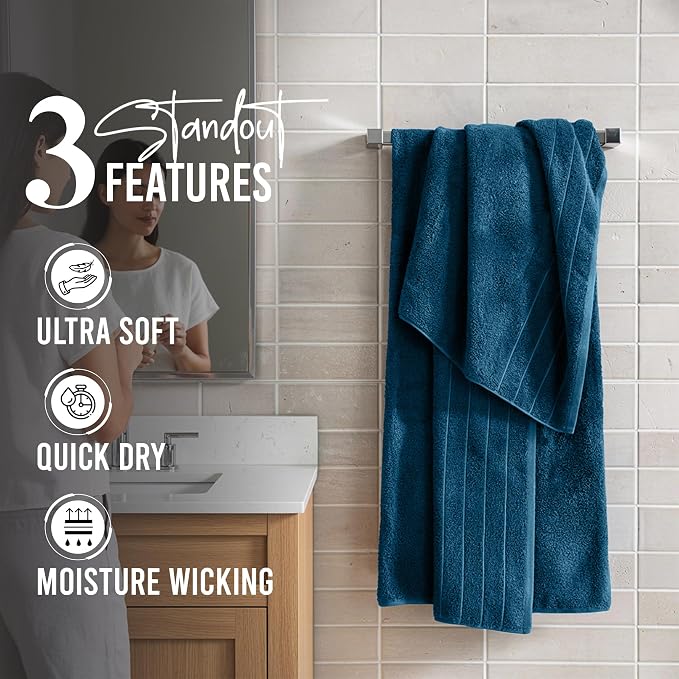 RIVERSIDE Pack of 4 Premium Extra Large Bath Towels 30 x 60 Inches, 100% Cotton, Super Soft & Highly Absorbent, Larger & Lighter Weight, Quicker to Dry, Perfect for Bathroom, Blue Opal