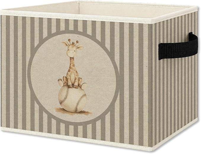 Giraffe Baseball Nursery Foldable Storage Bins Box with Handles, Neutral Striped Baseball Giraffe Collapsible Organizer Basket for Kids Bedroom Bathroom Playroom Clothes Books
