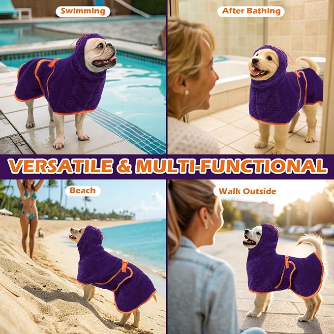 EXPAWLORER Soft Dog Bathrobe with Hood, Super Absorbent & Quick-Drying Dog Towels, Cozy Drying Coat for After Bath,Swimming, Purple XL