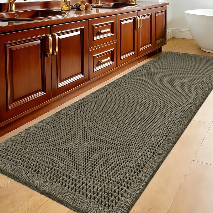 Extra Large Waffle Bath Mat, 5'x2' Greyish Green-Bordered, Super Absorbent Non-Slip Quick Dry Bathroom Rugs with Tassels, Machine Washable Ultra Soft Boho Bath Rugs, Toilet Mats Boho Farmhouse Decor