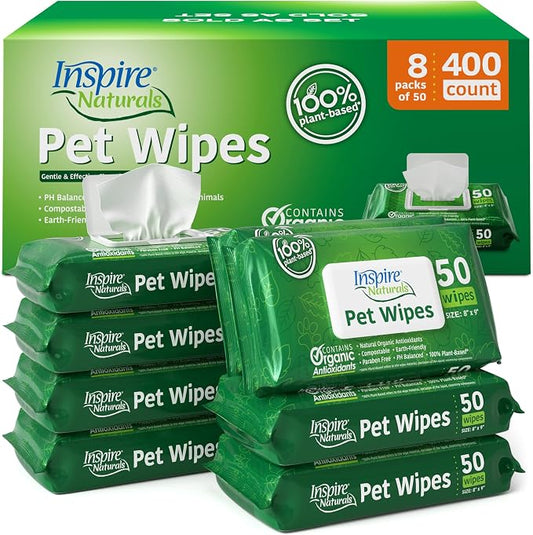 Inspire Naturals Pet Wipes for Dogs and Cats 100% Natural Plant Based with Organic Antioxidants, Dog Wipe Cleaning Deodorizing | Puppy Wipes | Dog Wipes for Paws and Butt (400ct - 8 Pack)