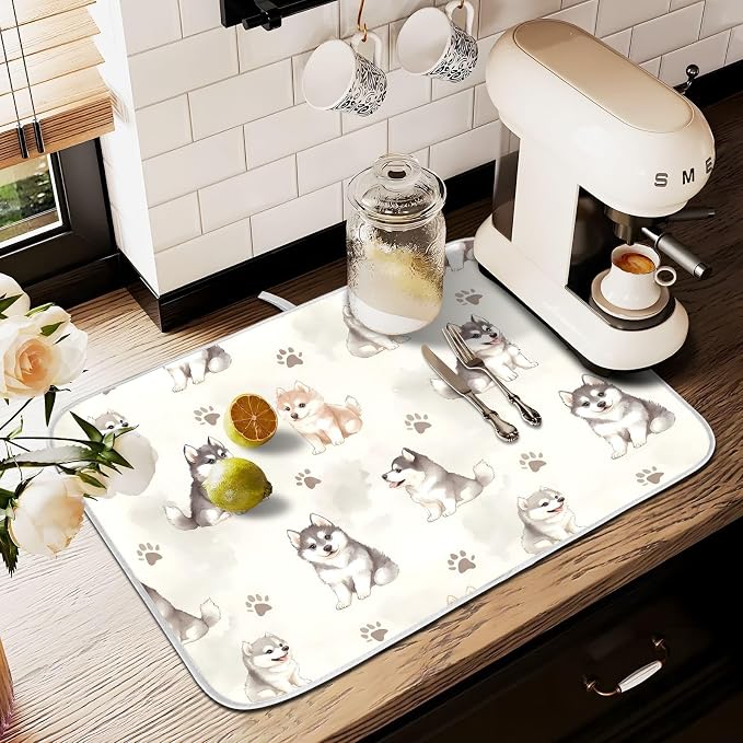 Cute Husky Dog Dish Drying Mat, Absorbent Drainer Mats for Kitchen Counter Coffee Maker 24"x18"