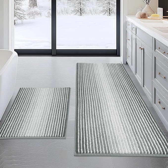 BSICPRO Bathroom Rugs and Mats Sets, 2 Piece Thick Absorbent Chenille Bath Mat Rug Set Non Slip, Soft Shaggy Bath Room Floor Mats for Bathroom, Machine Washable (Light Gray, 20" x 47" Plus 20" x 32")