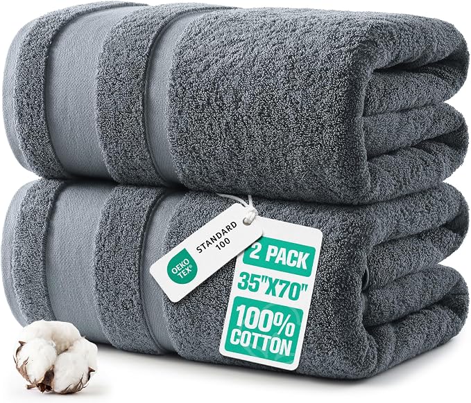 REDKISS 2 Pack Bath Towels Set, 35 X 70 Inches Oversized Bath Sheets, Gray | 100% Cotton, Ultra Soft, Super Absorbent, Quick Dry Large Bathroom Towels for Bathroom, Gym, Spa, Pool, Hotel & Family Use