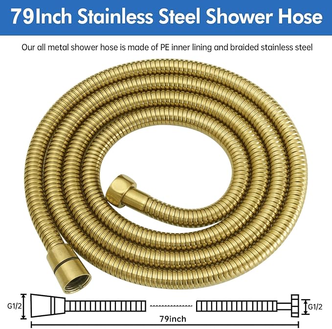 RUMOSE 79 inches Shower Hose Extra Long Stainless Steel Shower Tube Attachment Flexible Handheld Shower Sprayer Hose, Brushed Gold