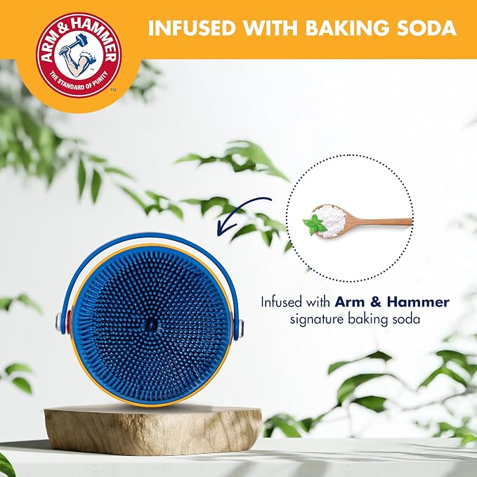 Arm & Hammer Soap Dispensing Dog Bath Brush with Baking Soda, Fill with Any Dog Shampoo, Silicone Scrubbing Nubs for Lathering & Deodorizing, Easy Grip Palm Brush for All Coat Types