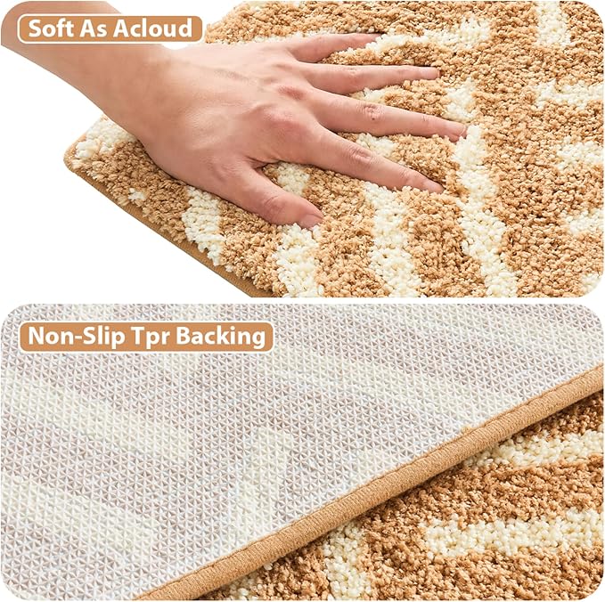 ORTIGIA Striped Khaki Bathroom Rugs Non Slip Washable, 20x30 Quick Dry Absorbent Soft Plush Microfiber Bath Mats, Bath Rugs for Bathroom Floor Carpet for Sink Bedroom