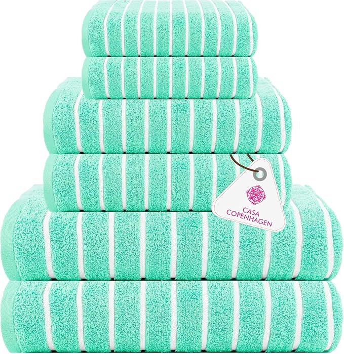 CASA COPENHAGEN Ecstatic 6Pcs 100% Egyptian Cotton Large Designer Towels Gift Set- Aqua Blue, 600GSM, 2Bath 2Hand 2Washcloths, Bath Towels for Bathroom (Gift Set for Women & Men)