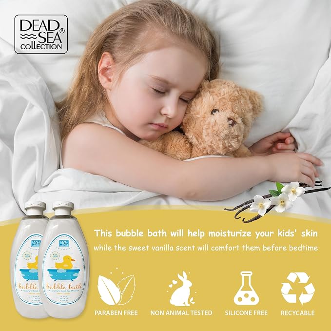 Dead Sea Collection Bubble Bath Kids with Vanilla - Cleansing and Moisturizing Liquid Bath Bubbles - Sweet Almond Oil and Pure Dead Sea Minerals - Pack of 2 Large Bottles (67.6 fl.oz)