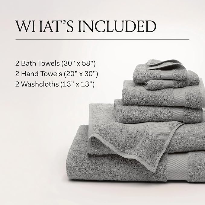 BOLL & BRANCH Plush Bath Towel Set - Mineral - 6 Piece - Includes 2 Bath Towels, 2 Hand Towels & 2 Washcloths - 100% Organic Cotton - Ultra Soft & Luxurious - Quick Absorbing