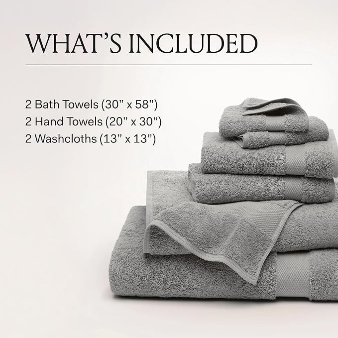 BOLL & BRANCH Plush Bath Towel Set - Stone - 6 Piece - Includes 2 Bath Towels, 2 Hand Towels & 2 Washcloths - 100% Organic Cotton - Ultra Soft & Luxurious - Quick Absorbing