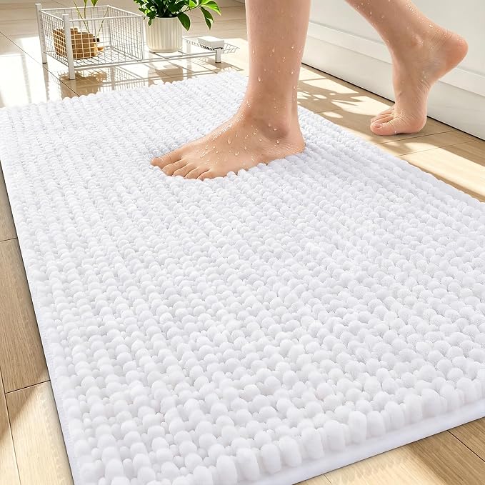 OLANLY Thick Bathroom Rugs 34x21, Extra Soft Absorbent Chenille Bath Rugs, Rubber Backing, Machine Wash Dry, Bath Mats for Bathroom Floor, Tub and Shower, Home Decor Accessories, White