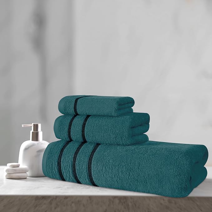 MyOwn Ultra Soft 3 Pack Cotton Towel Set, Contains a Bath Towel 28x55 inch, a Hand Towel 16x24 inch & Wash Coth 12x12 inch, Ideal Everyday use, Compact & Lightweight - Teal, 71682