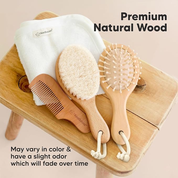 Wooden Baby Hair Brush for Toddler, Infant Cradle Cap (Walnut, Petite) | Soft Goat Bristles Brush for Newborn Girl, Boy Hair, Scalp, Styling, Gentle Grooming, Baby Comb, Baby Bath Essentials