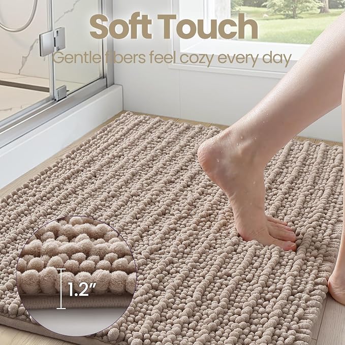 DEXI Bathroom Rugs 60x24, Super Soft Thick Chenille Absorbent Bath Mat, Non Slip Machine Washable Fluffy Shag Bathmat for Tub, Shower Floor, Dark Beige
