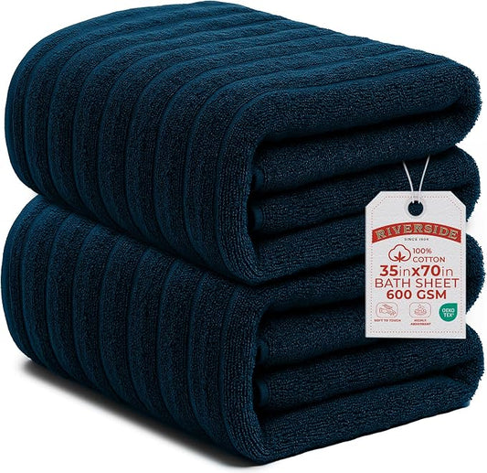 RIVERSIDE Pack of 2 Extra Large Bath Sheet Towels, 35 x 70 Inches, 600 GSM, Ribbed Stripe, 100% Cotton - Super Soft, Highly Absorbent & Quick Dry for Bathroom, Spa & Hotel, Opal Blue