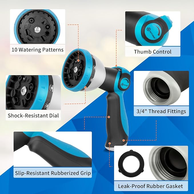 AUTOMAN Garden Hose Nozzle - 10 Adjustable Spray Patterns, Thumb Flow Control Hose Sprayer, Water Hose Spray Nozzle for Plants Watering, Car Washing, Window Cleaning, Pets Bathing, Outdoor Fun, Blue
