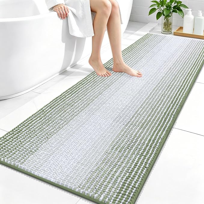 OLANLY Bathroom Runner Rugs 59x24, Extra Soft Absorbent Chenille Striped Bath Rugs, Rubber Backing, Machine Wash Dry, Long Bath Mats for Bathroom, Tub, Shower, Home Decor Accessories, Sage Green