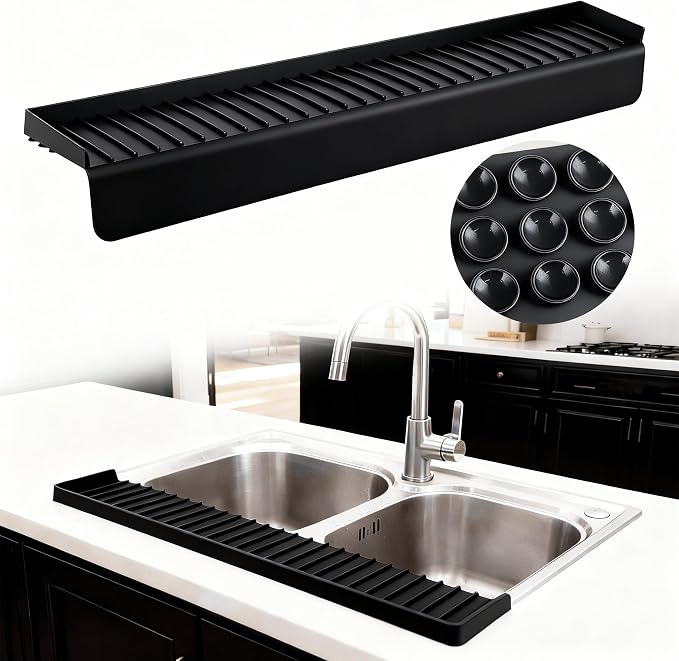 Silicone Sink Edge Protector Splash Guard,Sink Granite Edge Protector,30x4 Inch with Suction Cups & 5°Tilt, Cuttable for Kitchen Bathroom Countertops, Granite Quartz Surfaces (Black)