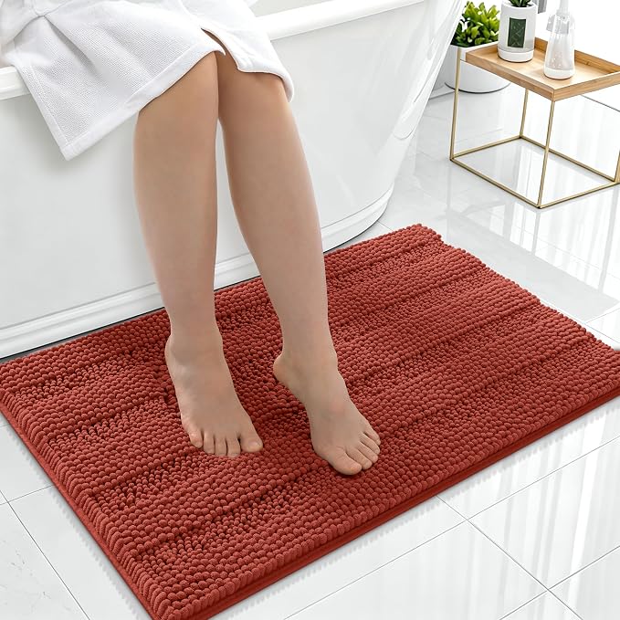 Smiry Thick Chenille Bathroom Rugs 36x24, Extra Absorbent Striped Bath Mat, Machine Washable, Rubber Backing, Bath Rugs for Bathroom, Tub & Shower, Home Decor Accessories, Rustic Terracotta