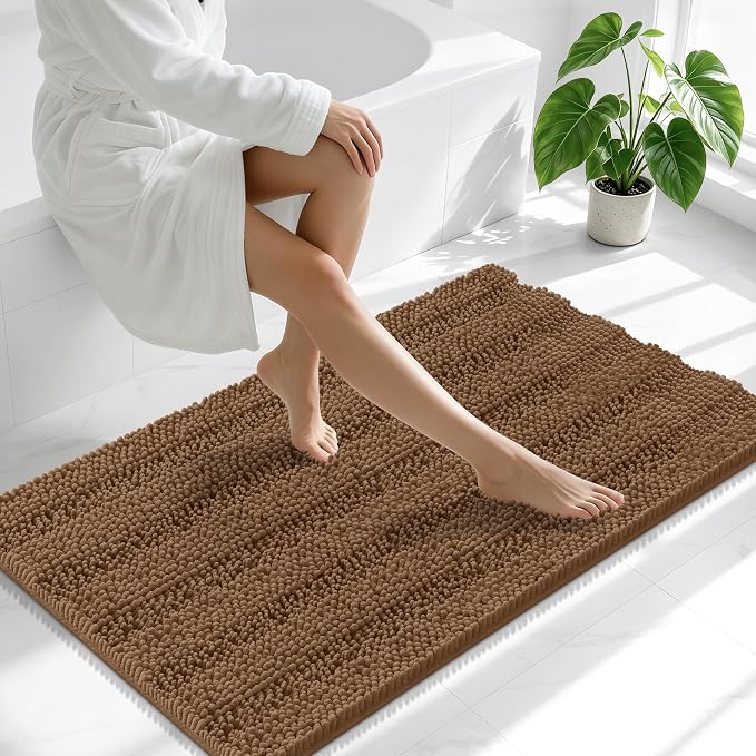 Smiry Thick Chenille Bathroom Runner Rugs 44x24, Extra Absorbent Striped Bath Mat, Machine Washable, Rubber Backing, Long Bath Rugs for Bathroom, Tub & Shower, Home Decor Accessories, Mocha