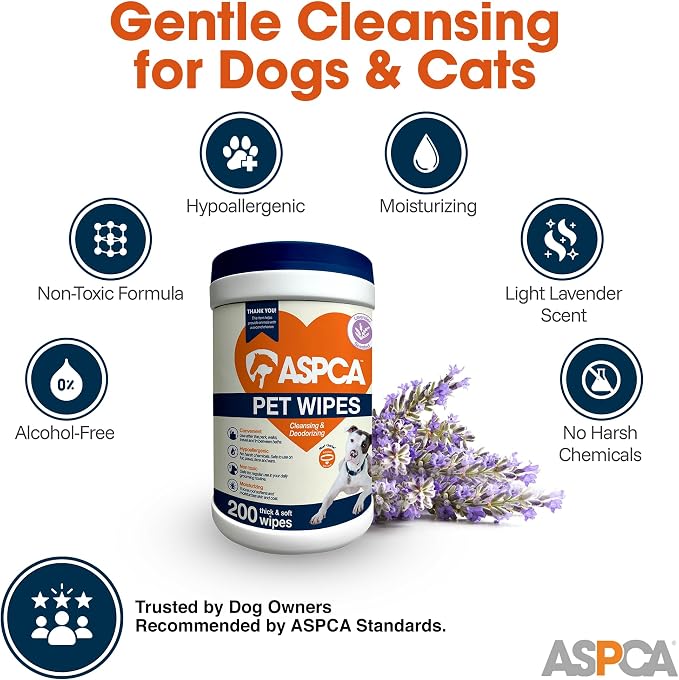 ASPCA-Pet Cleansing Wipes Canister | Resealable Pet Wipes for Paws, Face, Ears & Coat | No-Rinse Grooming Solution | Gentle Daily Cleaning for Pets | Thick, Soft & Chemical-Free | Lavender | 200 Count