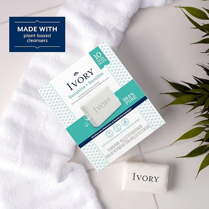 Ivory Sensitive Bar Soap, Designed for Whole Family, Fragrance Free, 99.44% Pure Formula, Plant-Based Cleanser, Made Without Heavy Perfume, Parabens,Phthalates,For All Skin Types,3.17 oz (Pack of 120)