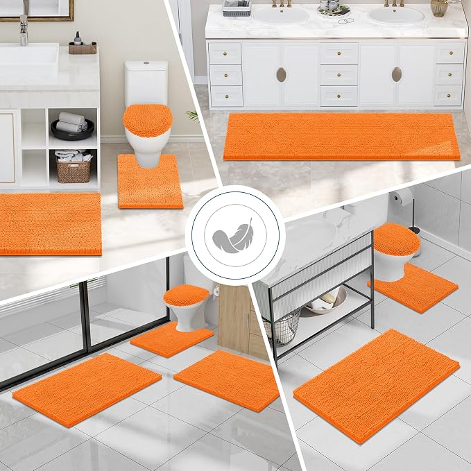 Smiry Luxury Chenille Bathroom Rugs 30x20, Extra Soft and Absorbent Shaggy Bath Mat, Machine Washable, Non-Slip Plush Carpet Runner for Tub, Shower, and Floor, Home Decor Accessories, Orange