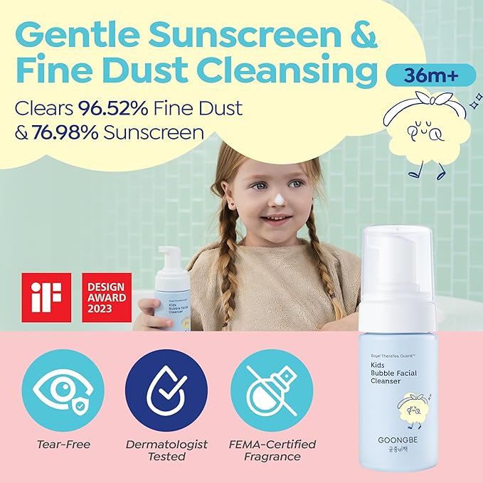GOONGBE Kids Facial Bubble Wash and Lotion- Korean Low pH Face Cleanser & Moisturizer with Cica & Panthenol - Allergen-Free Formula 3.38 fl.oz. & 2.7 oz.
