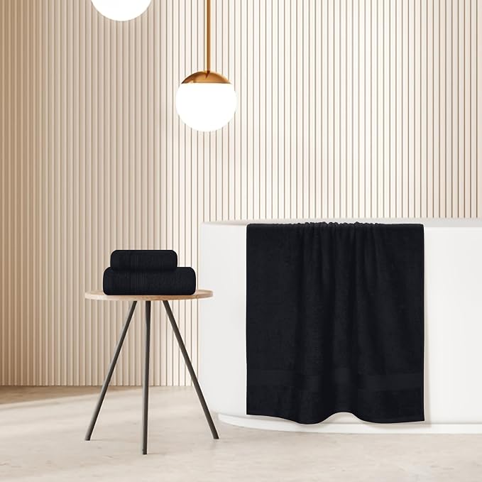 BOUTIQUO Ultra Soft 3 Pack Cotton Towel Set, Contains a Bath Towels 27x54 inch, a Hand Towels 16x24 inch & a Wash Coths 12x12 inch, Ideal Everyday use, Compact & Lightweight - Black