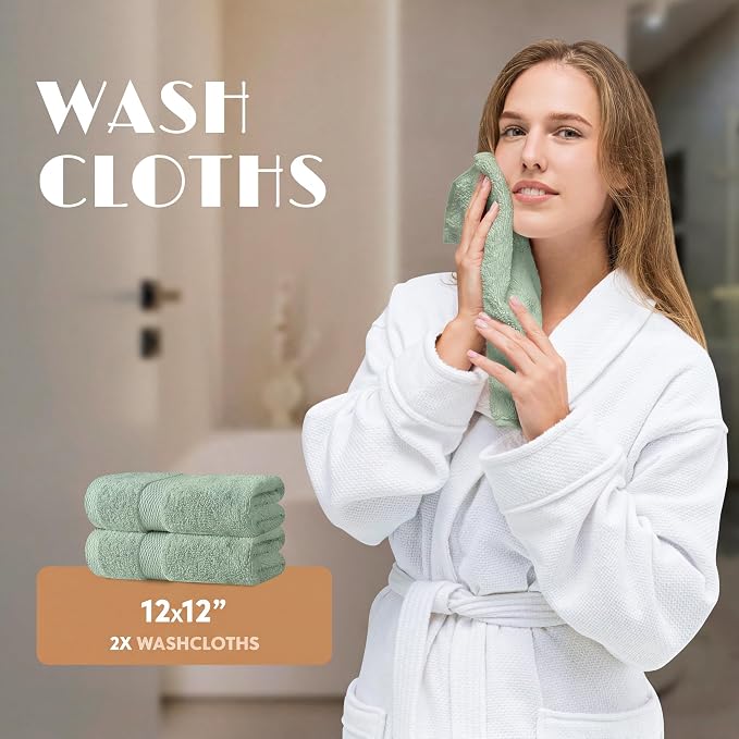 White Classic Mint Green Bath Towel Set of 6-100% Cotton Highly Absorbent Towels for Bathroom, 2 Luxury Bath Towels 650GSM, 2 Hand Towels, 2 Washcloths