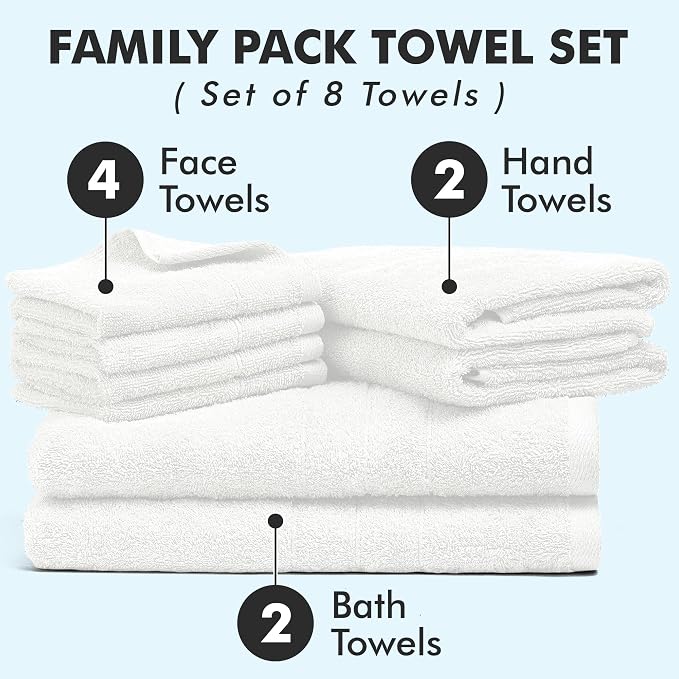 Bath Towels Set of 8 – 100% Ring Spun Cotton (White) Bathroom Towel Set Bale Includes 2 Bath, 2 Hand, 4 Face Towels – 550 GSM Soft, Absorbent & Quick Dry Towel for Bathroom, Spa, Kitchen, Hotel Use