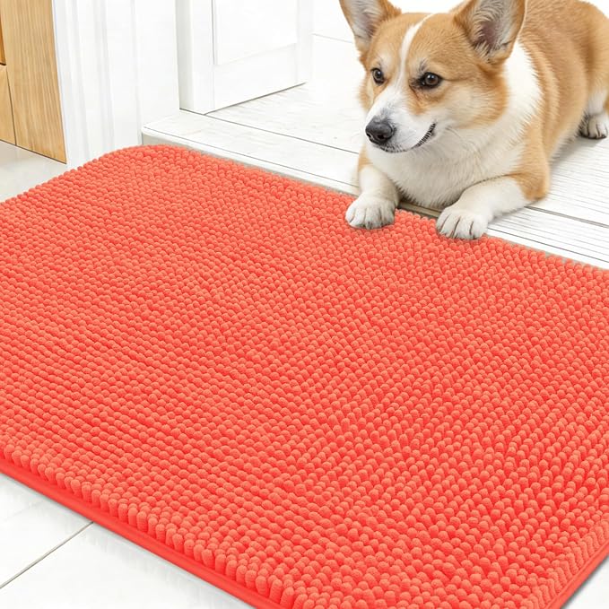 OLANLY Dog Door Mat for Muddy Paws 30x17, Absorbs Moisture and Dirt, Absorbent Non-Slip Washable Doormat, Quick Dry Chenille Mud Mat for Dogs, Entry Indoor Entryway Carpet for Inside Floor, Coral