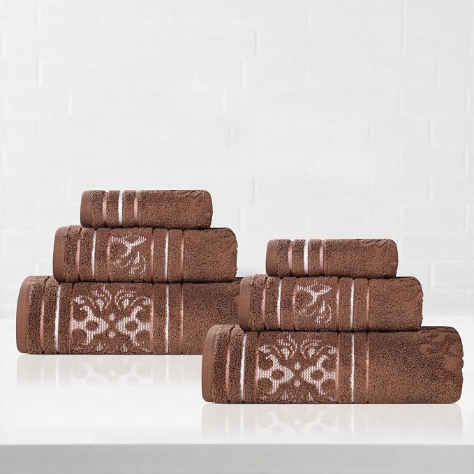 Superior Cotton 6 Piece Towel Set, 2 Bath, 2 Hand, 2 Washcloth/Face Towels, Quick Dry, Home Essentials, Shower, Spa, Luxury Plush Soft Absorbent Towels, Zero-Twist, Jacquard Floral, Chocolate