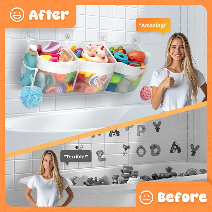 Bath Toy Organizer 3 Compartment Bath Toy Storage Bag Shower Caddy Quick Access Bathtub Toys Holder Baby Shower Games Tub Quick Dry Baby Bathroom Toys Storage Accessory White