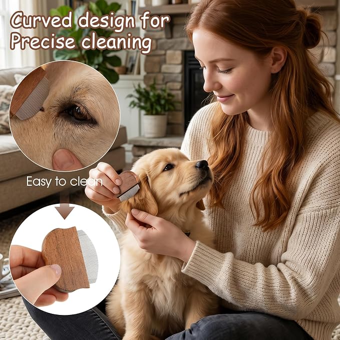 Professional Eye Comb for Pets, Wooden Tear Stain Remover Comb for Pets Gentle Stainless Steel Rounded Tips Grooming Tool for Tear Stains & Eye Discharge for Daily Pet Grooming
