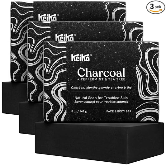 Keika Charcoal Black Soap Bar for Eczema, Psoriasis, Face, Body, Men Women Teens with Oily Skin, 5 oz. (Charcoal, 3-Pack)