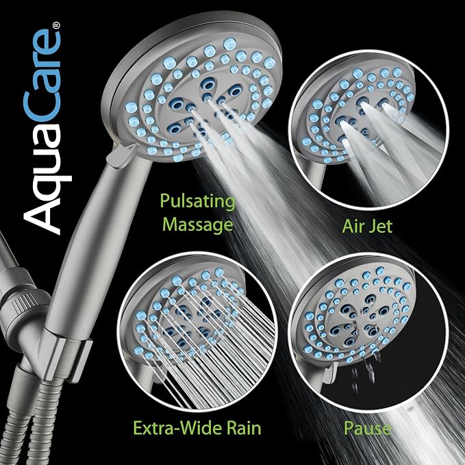 AquaCare Seen-On-TV High Pressure 8-mode Handheld Shower Head - 2-mode Power Wash to Clean Tub, Tile & Pets, Stay-Clean Nozzles, Extra Long 6 ft. Stainless Steel Hose, Wall & Overhead Brackets, Modern