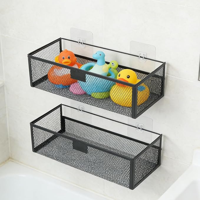 Bath Toy Storage,2 Pack Iron Mesh Bathtub Organizer for Shower Bathroom, Wall Mounted Shower Holder with Drainage, Space Saving Rust Resistant Bathtub Storage Basket for Kids Toddlers Bathroom