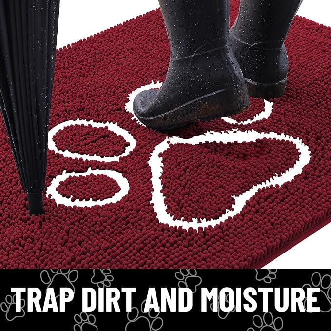 Smiry Dog Door Mat for Muddy Paws, Absorbent Dirt Trapper Non Slip Quick Dry Washable Chenille Mat for Mud Dogs, Entry Rug for Indoor and Outdoor (24x16 Inches, Burgundy and White)