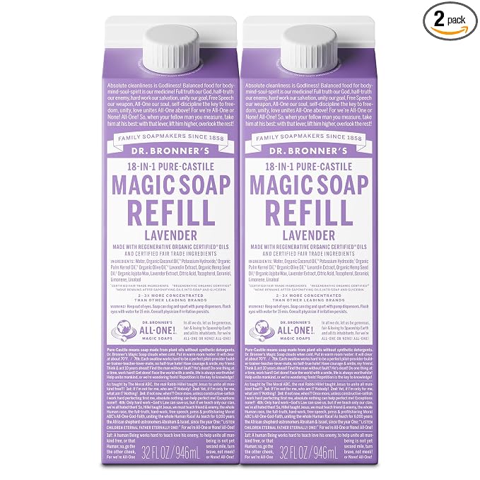 Dr. Bronner's Magic Soap-Pure-Castile Liquid Refill (Lavender, 32 ounce, 2-Pack) - Made with Regenerative Organic Certified Oils, For Body, Hair, Laundry, Pets & Dishes, Concentrated, Vegan, Non-GMO