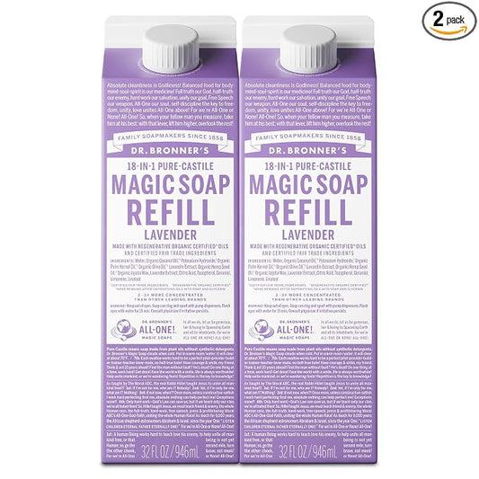 Dr. Bronner's Magic Soap-Pure-Castile Liquid Refill (Lavender, 32 ounce, 2-Pack) - Made with Regenerative Organic Certified Oils, For Body, Hair, Laundry, Pets & Dishes, Concentrated, Vegan, Non-GMO