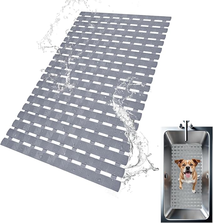 Non-Slip Bath Tub Shower Mat, Pet Dog Bathing Non-Slip Mat, Dog Bath mat for tub, 27.5x15.7 Inch Quick Drain Bathtub Mat with Suction Cups & Drain Holes for Bathroom
