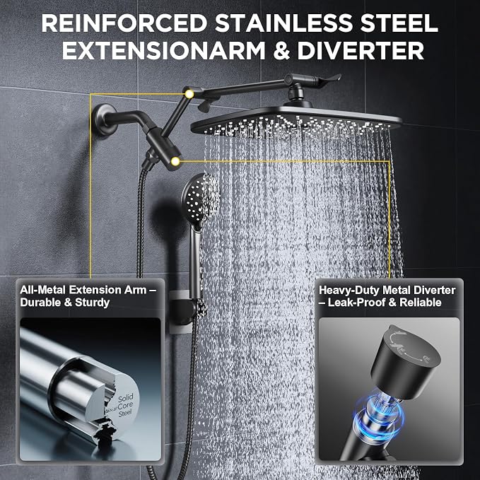 Veken 11.8" Rain Shower Head with Handheld, High Pressure Handheld Shower Heads with Multi Spray Modes, Rainfall Combo with 15" Metal Extension Arm,Detachable Dual Shower, Long 6 ft. Hose,Matte Black