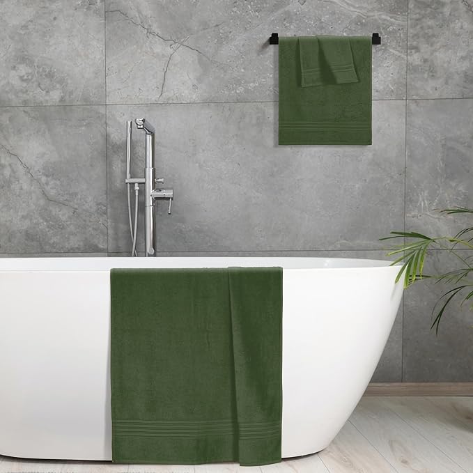 BOUTIQUO Ultra Soft 3 Pack Cotton Towel Set, Contains a Bath Towels 28x55 inch, a Hand Towels 16x24 inch & a Wash Coths 12x12 inch, Ideal Everyday use, Compact & Lightweight - Olive Green