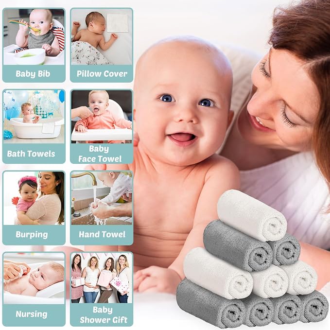 Newwiee 120 Pack Baby Washcloths 9 x 8 Inch Coral Fleece Baby Rags Microfiber Soft Small Towels Absorbent Wash Cloth for Newborn Infants Toddlers Face or Body(Gray, White)