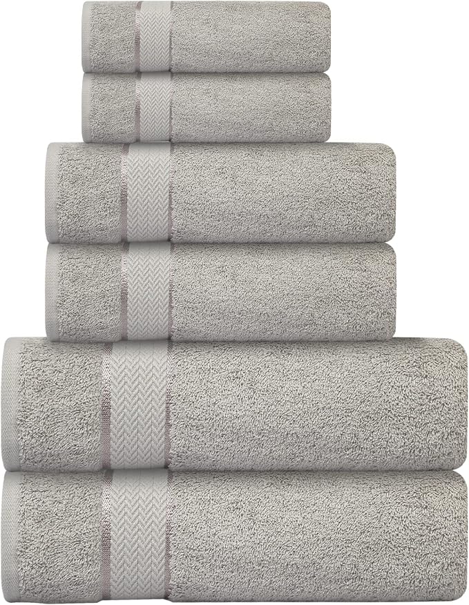 Bath Towels Set-100% Cotton-2 Bath Towels, 2 Hand Towels & 2 Washcloths-Large, Quick Dry, Absorbent, Plush, Soft-Home, Spa, Hotel, Shower Towels - 6 Piece Luxury Bathroom Towels - Silver / Light Grey