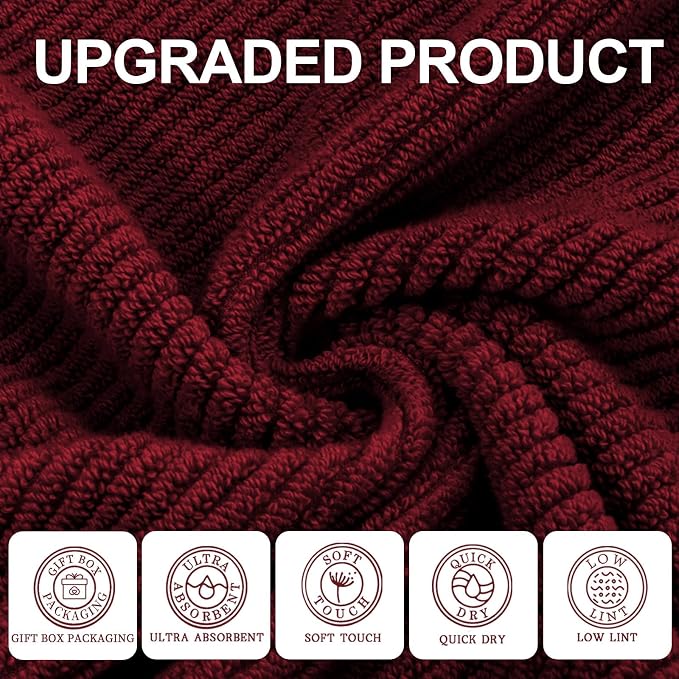 VOOVA & MOVAS 3 Piece Towel Set - 100% Cotton | Quick Dry | Soft | Thick,1 Large Bath 30" x 56", 1 Hand 18" x 28", 1 Wash Cloth 13" x 13", Towels for Bathroom, Bathroom Towels Gift, Burgundy