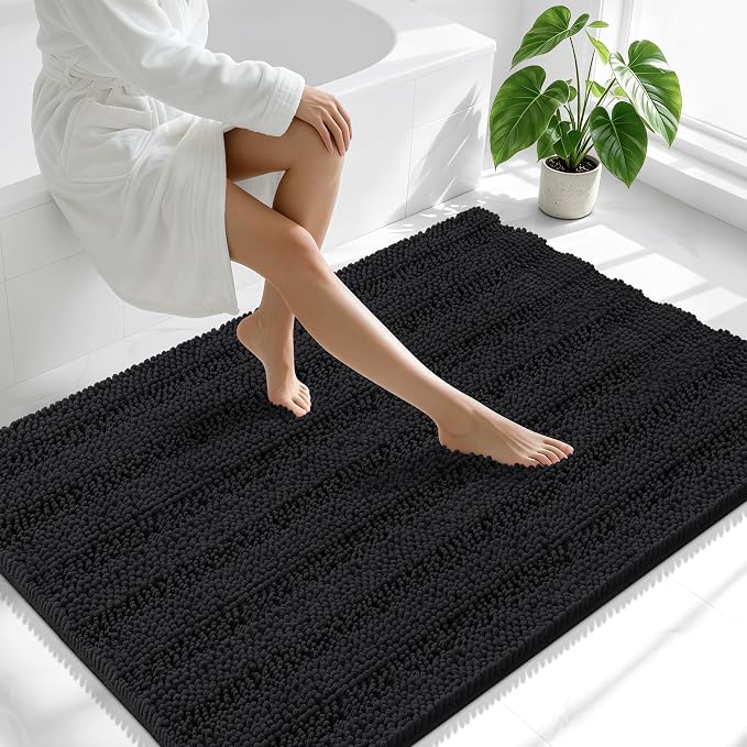 Smiry Thick Chenille Large Bathroom Rugs 47x32, Extra Soft Absorbent Striped Bath Mat, Machine Washable, Rubber Backing, Bath Rugs for Bathroom, Tub & Shower, Home Decor Accessories, Black